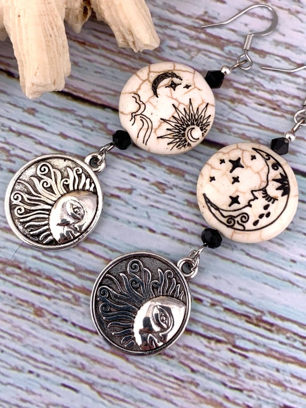 Moon Stars Sun Celestial Bead Handmade Handcrafted Earrings LR173